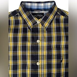 NEW BOYS M 5/6 NAUTICA SHIRT DRESS KIDS DARK BLUE & YELLOW PLAID BUTTON DOWN